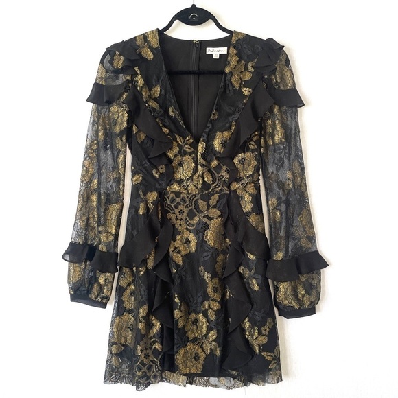 For Love & Lemons Floral Lace Ruffle Black & Gold Dress - Picture 3 of 11